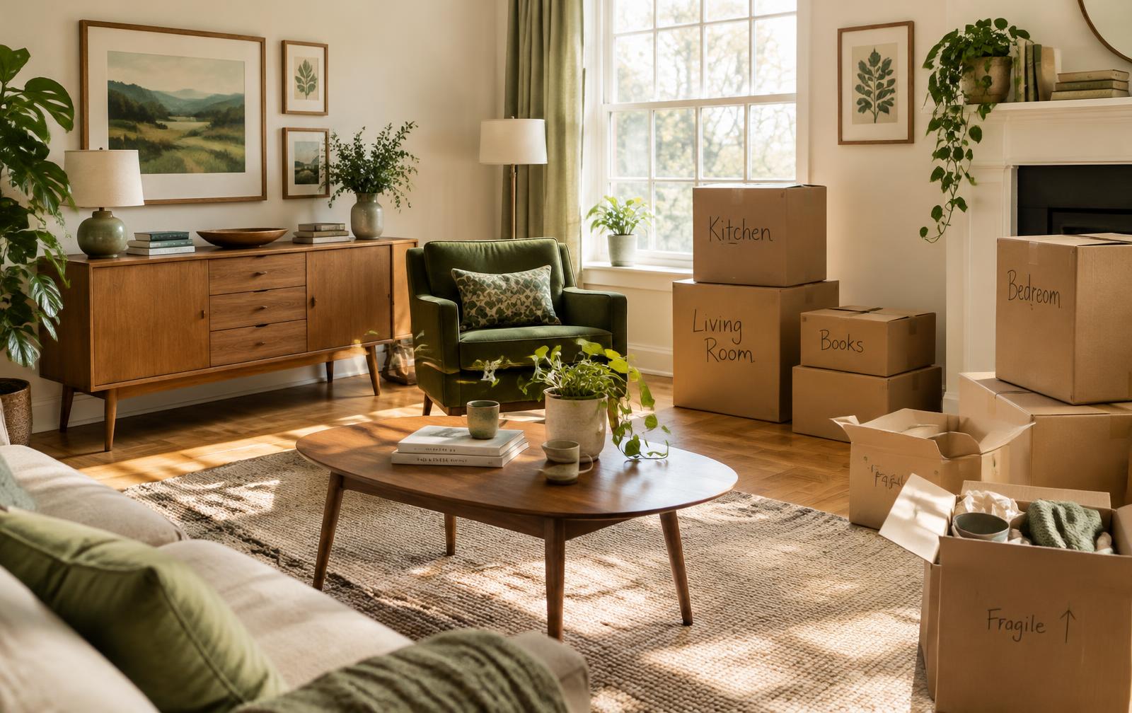 A sunlit living room with moving boxes beside well-loved furniture