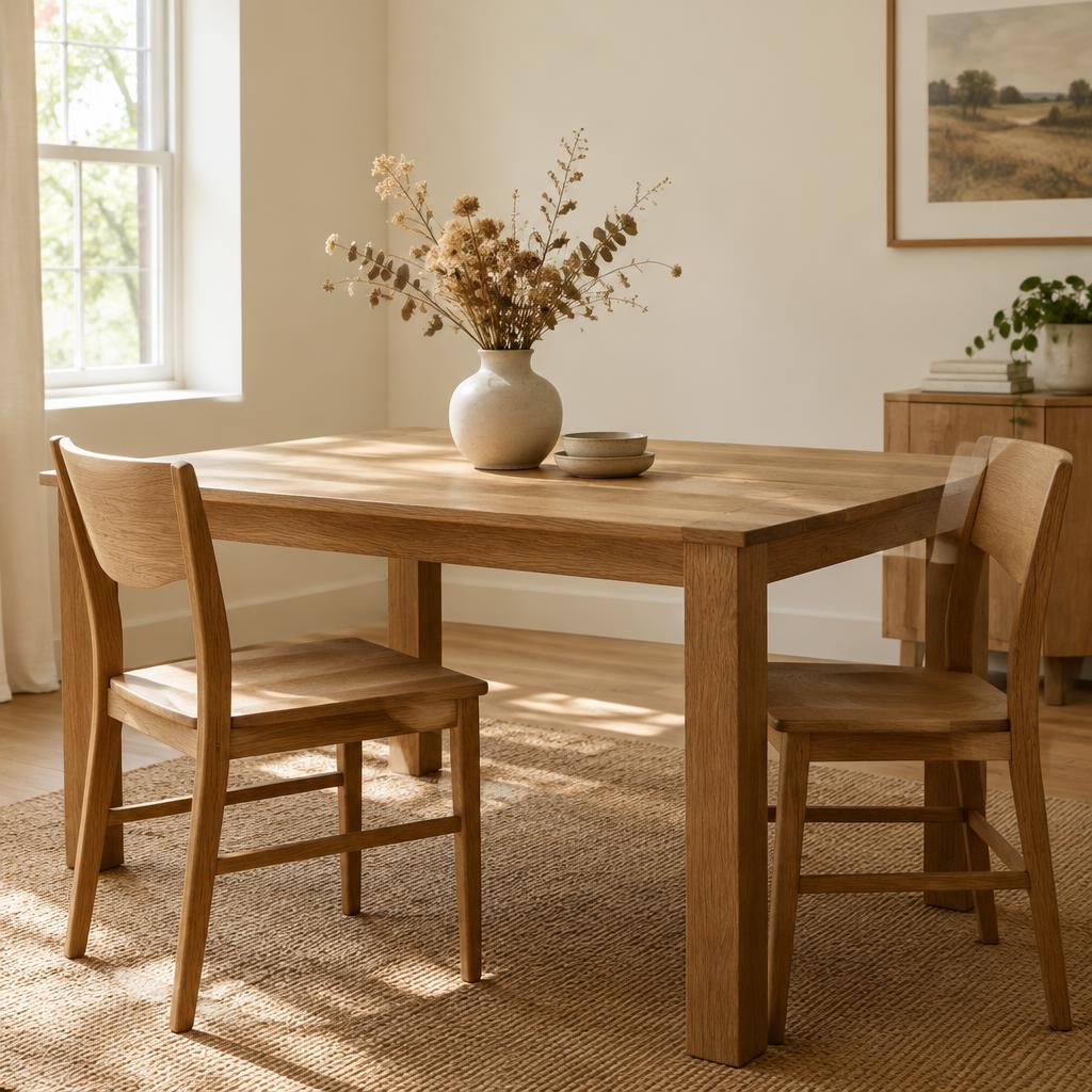 Solid oak dining table with two wooden chairs